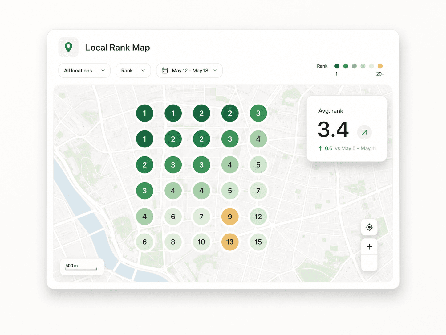 Kura local rank map — a grid of ranked pins over a city with an average-rank card